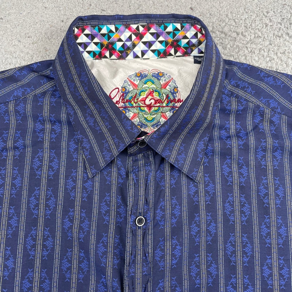 Robert Graham Shirt Mens 2XL Blue Striped Floral Embroidered Long Sleeve Cotton